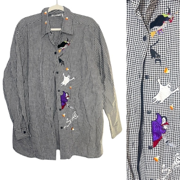 Vintage Victoria Jones Woman Halloween Character Embroidered Button Down Top 18W - Picture 1 of 4